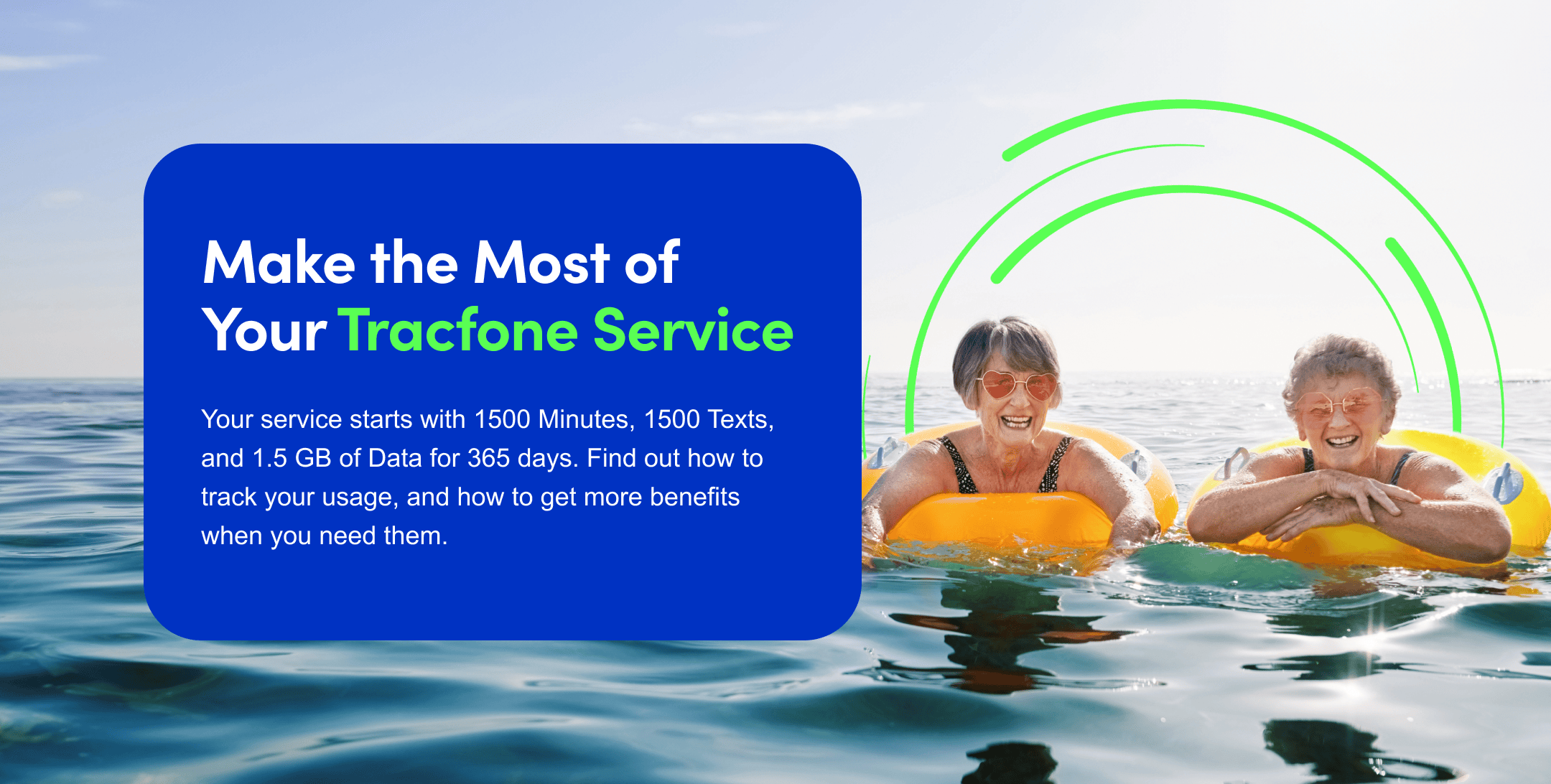 Make the Most of Your Tracfone Service. Your service starts with 1500 Minutes, 1500 Texts, and 1.5 GB of Data for 365 days.
            Find out how to track your usage, and how to get more benefits when you need them.